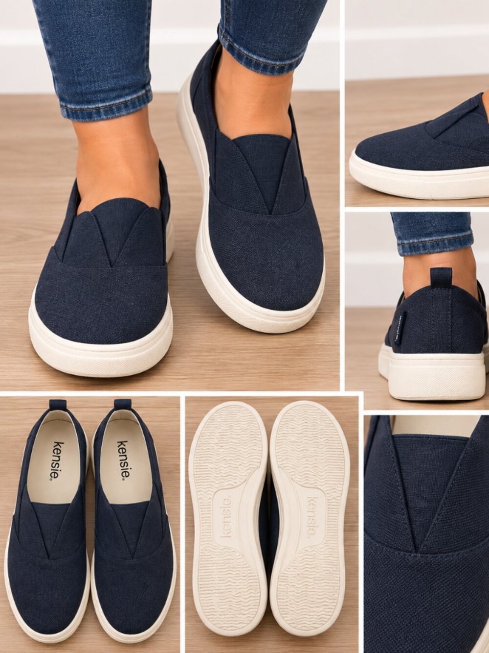 Kensie Women's Navy Blue Slip-On Sneakers Casual Canvas Loafers White Sole